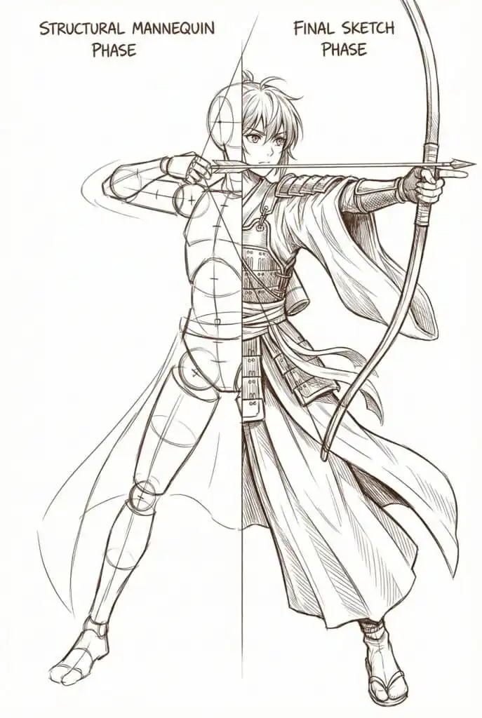 Anime archer drawing showing structural mannequin phase on the left and final sketch phase on the right, illustrating art