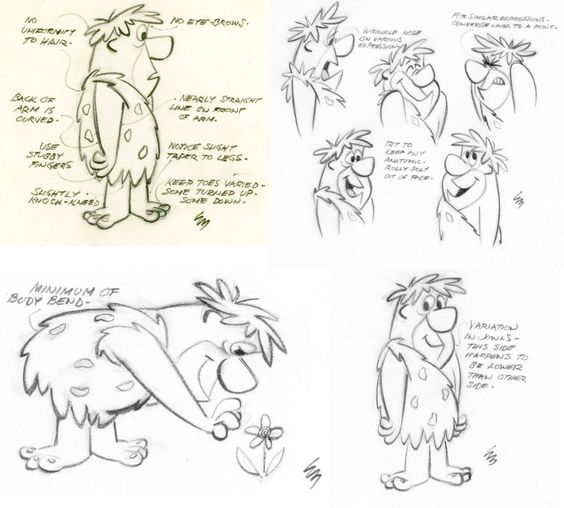 Sketches of a cartoon character with notes on body proportions and expressions, demonstrating various poses and angles.