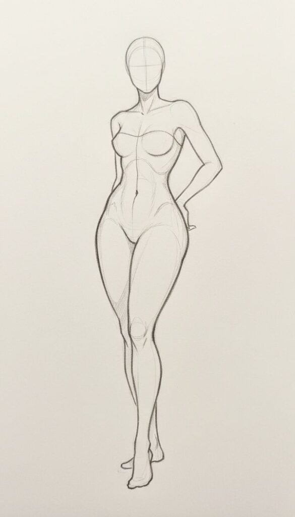 Gesture Drawing 1 Female figure pencil sketch: anatomical study in contrapposto, faceless head and defined muscle contours. | Sky Rye Design Female figure pencil sketch: anatomical study in contrapposto, faceless head and defined muscle contours.
