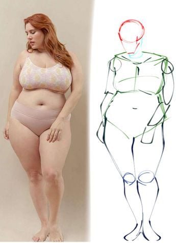 Gesture Drawing 2 Plus-size model reference photo in underwear beside a loose figure sketch — body reference for drawing, fashion design and anatomy studies. | Sky Rye Design Plus-size model reference photo in underwear beside a loose figure sketch — body reference for drawing, fashion design and anatomy studies.