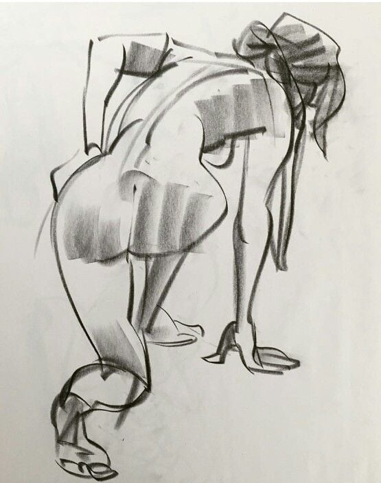 Gesture Drawing 3 Charcoal life drawing of a nude figure in a crouched, crawling pose—expressive gesture sketch highlighting back, hips and limbs. | Sky Rye Design Charcoal life drawing of a nude figure in a crouched, crawling pose—expressive gesture sketch highlighting back, hips and limbs.