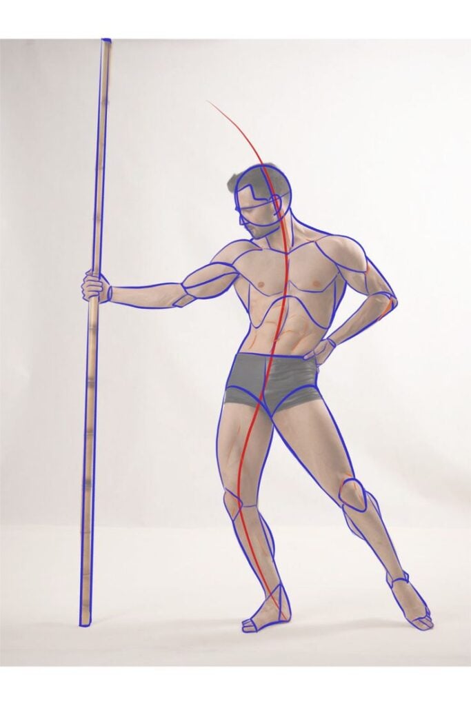 Ilustración sin título Male anatomy reference photo: standing figure with staff, blue construction contours and red spine line showing pose and muscle landmarks. | Sky Rye Design Male anatomy reference photo: standing figure with staff, blue construction contours and red spine line showing pose and muscle landmarks.