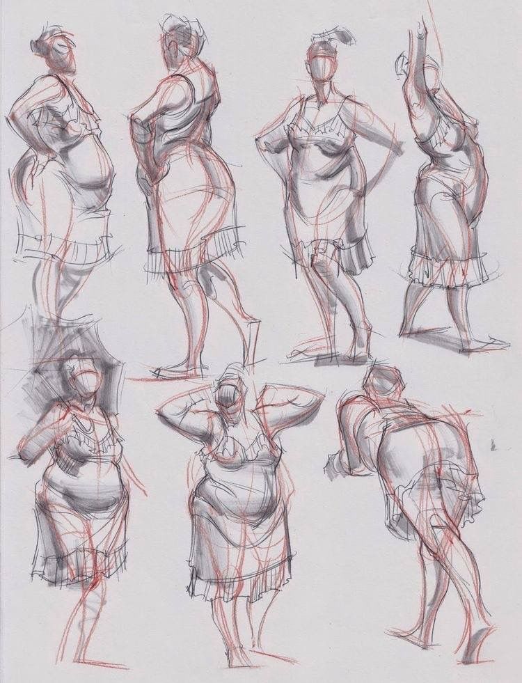 Gesture Drawing 5 Life drawing gesture sketches of a plus-size female model in a slip dress — pencil study of poses, form and movement. | Sky Rye Design Life drawing gesture sketches of a plus-size female model in a slip dress — pencil study of poses, form and movement.