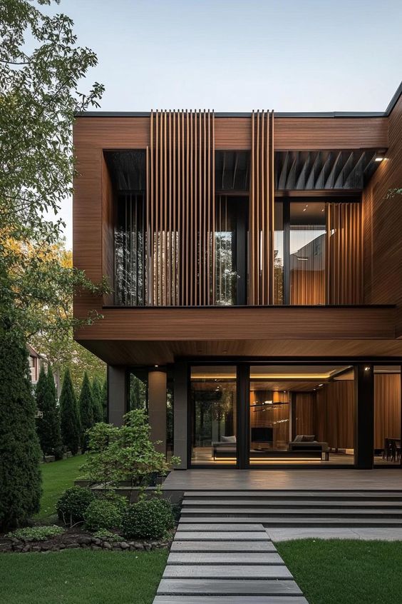 Modern two-story house with vertical wooden slats, large windows, and a landscaped garden. Contemporary architecture.