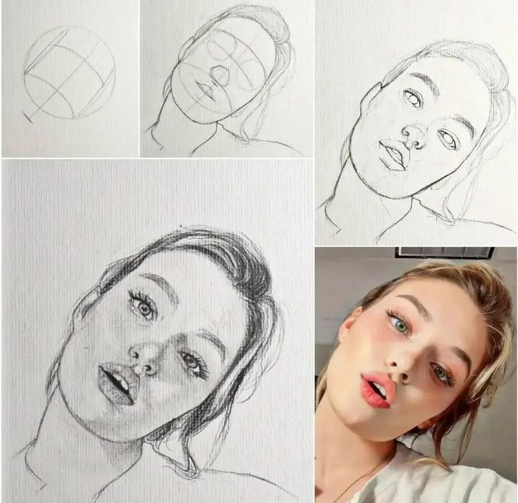 Step-by-step pencil portrait drawing of a woman with a reference photo in the bottom right corner.