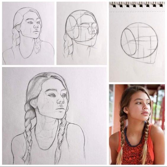 Step-by-step pencil sketch tutorial of a girl with braids, featuring grid lines and a reference photo on the bottom right.