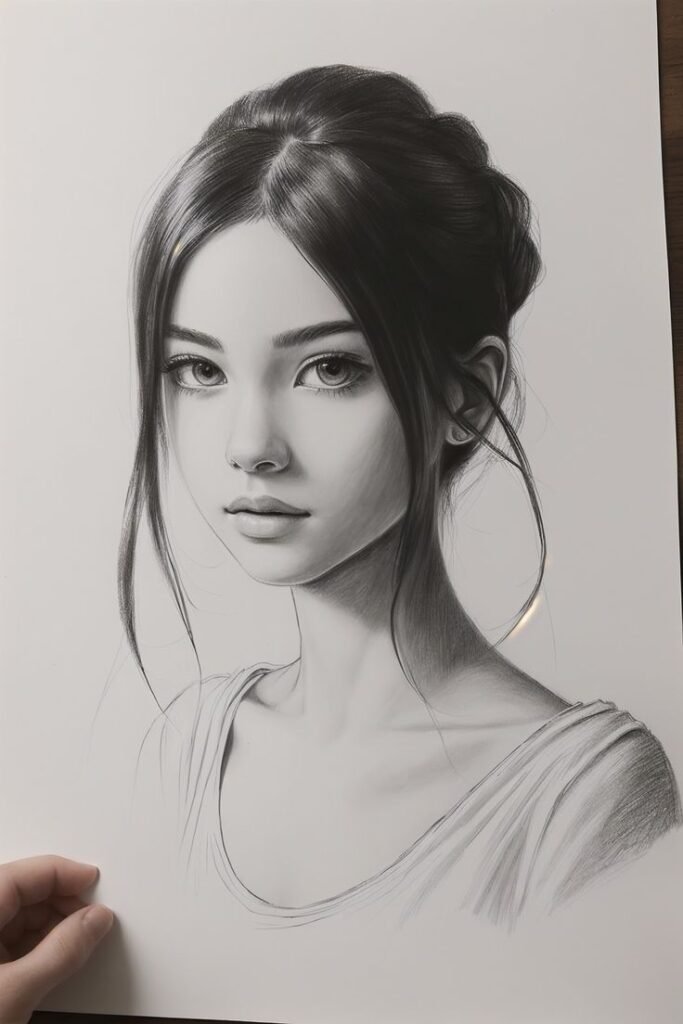 Realistic pencil sketch of a young woman with detailed eyes and hair, drawing held by hand, art illustration.