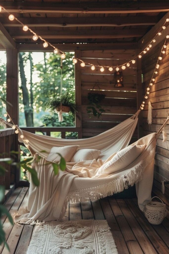 Cozy outdoor hammock on a wooden porch, decorated with string lights and surrounded by greenery, perfect for relaxing.