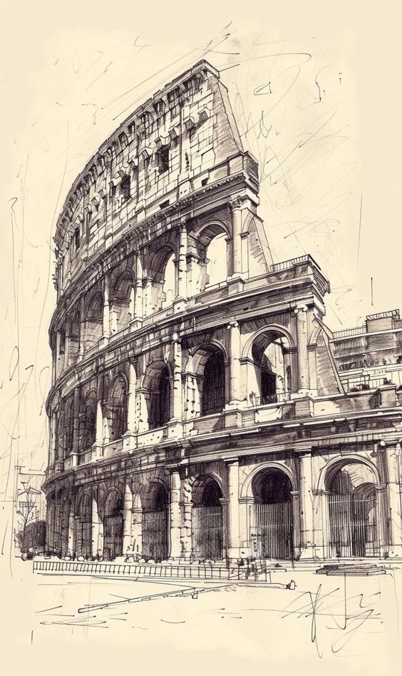 Sketch of the Roman Colosseum, a historic amphitheater in Rome, showcasing detailed architecture and grand arches.