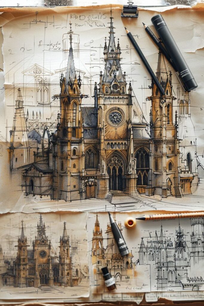 Detailed architectural sketch of a medieval-style cathedral with pencils and markers on a vintage paper background.