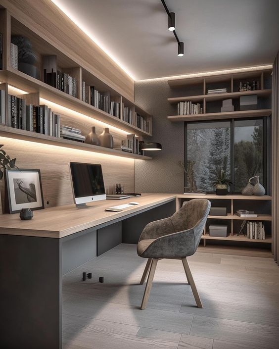 Modern home office with wooden shelves, built-in desk, computer, comfortable chair, and large window with scenic view.