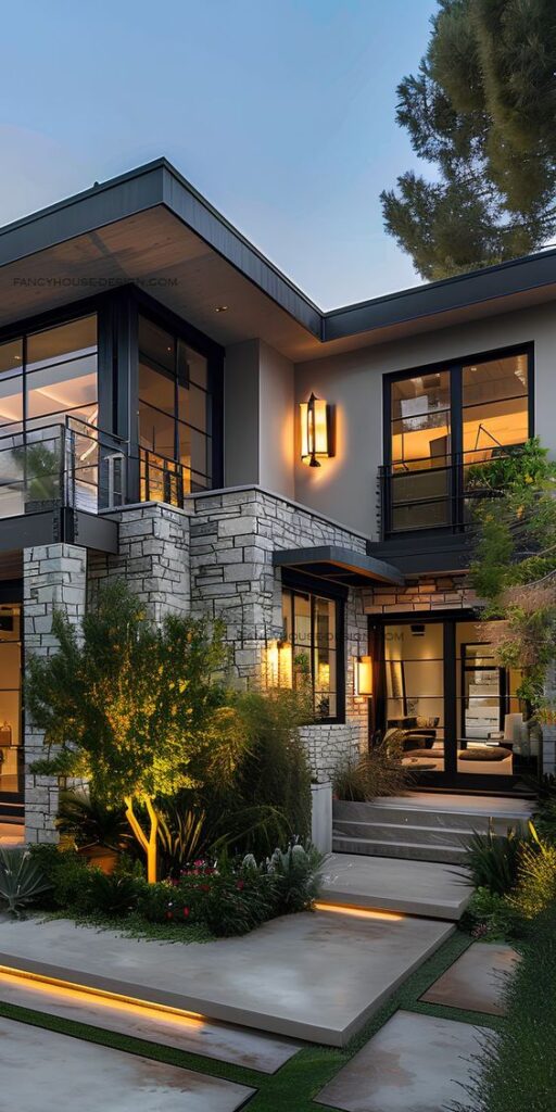 Modern two-story house with stone facade, large windows, outdoor lighting, and lush landscaping at dusk.