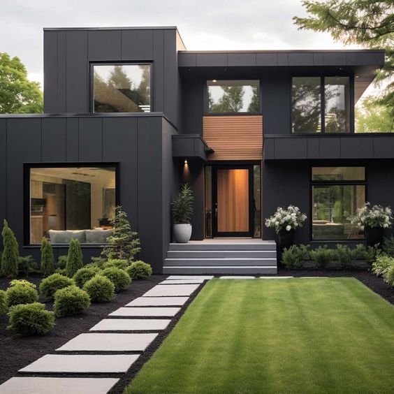 Modern two-story house with black exterior, large windows, lush green lawn, and minimalist landscaping.