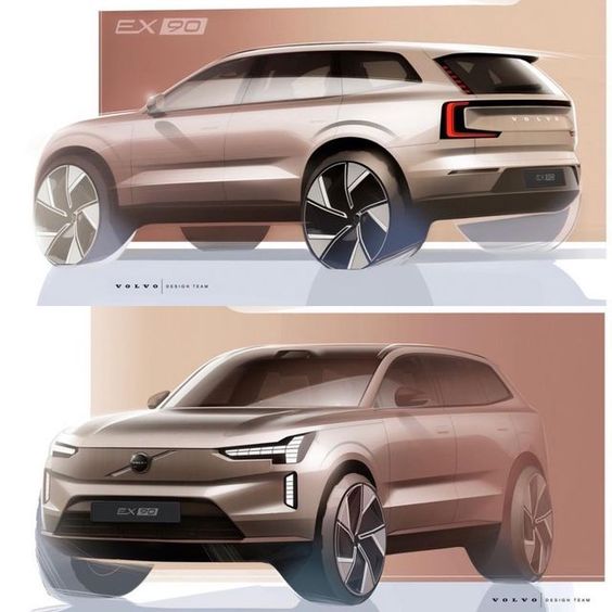 Concept sketches of Volvo EX90 electric SUV showcasing modern design and innovative styling from various angles.