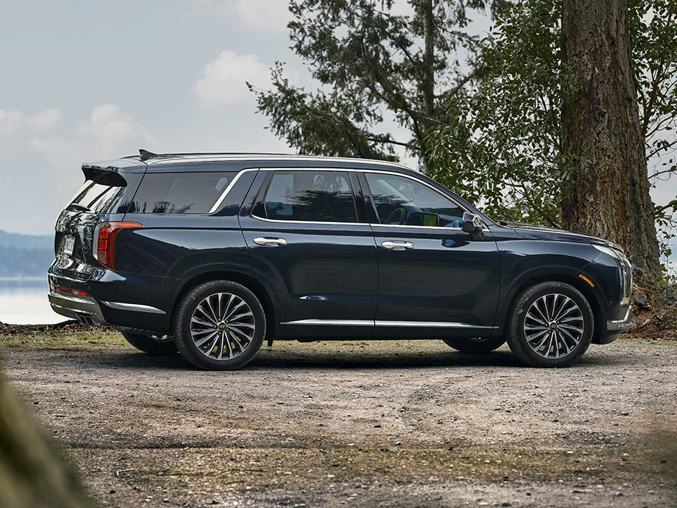 Sleek black SUV parked in a forest setting near a lake, highlighting its modern design and spacious interior.