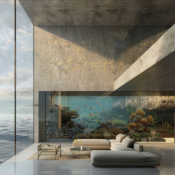 Modern living room with large glass windows, ocean views, and an impressive aquarium feature wall. Luxurious and serene ambiance.