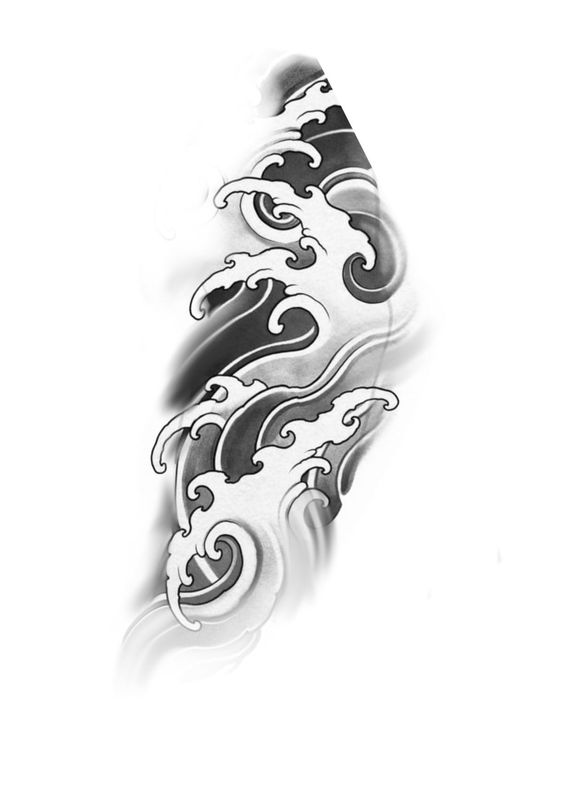 Black and white abstract wave tattoo design with intricate swirls and shading details.