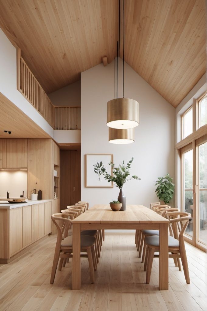 Modern Scandinavian dining room with natural wooden table, stylish chairs, large pendant lights, and high vaulted ceilings.