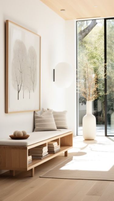 Minimalist Scandinavian interior with wooden bench, tree art, and large vase near glass door. Bright natural light.