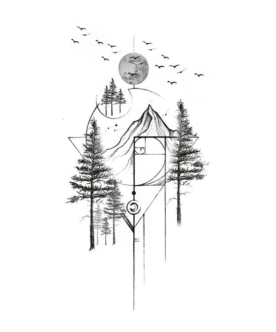 Geometric mountain and forest illustration with birds and moon, blending natural scenery and abstract art elements.