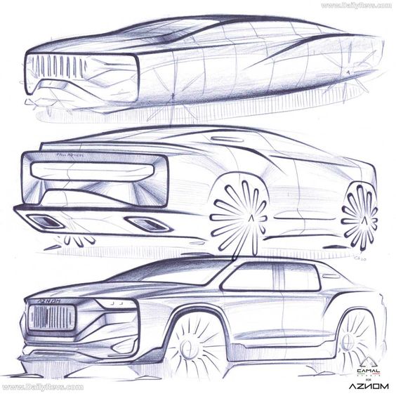 Concept sketch of a futuristic car design with sleek lines and modern aesthetics, showcasing different angles and perspectives.