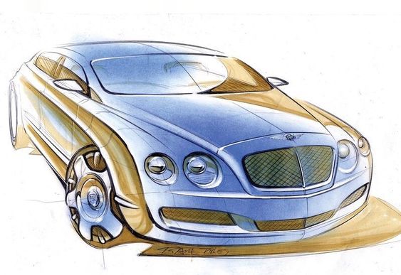 Artistic sketch of a sleek, modern luxury car design, featuring aerodynamic lines and elegant detailing in blue and gold.