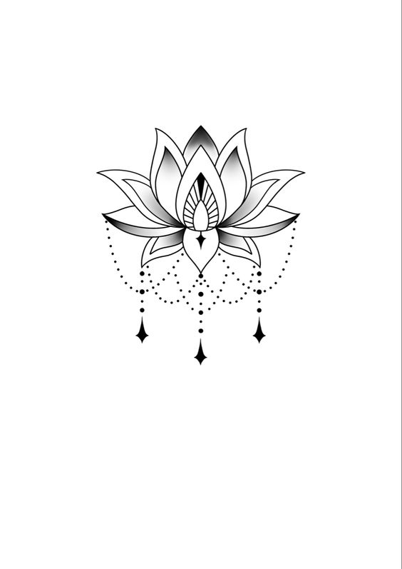 Elegant black-and-white lotus flower tattoo design with intricate line details and hanging bead accents. Minimalist and serene.