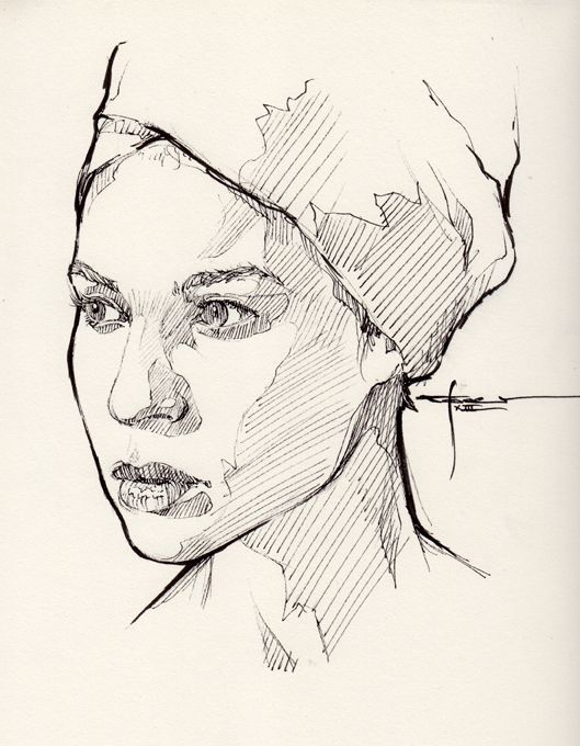 Detailed pen sketch of a woman wearing a headscarf, focused and contemplative expression.