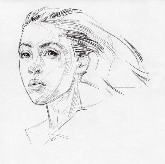 Hand-drawn pencil sketch of a woman's face with flowing hair, showcasing intricate line work and shading on white background.