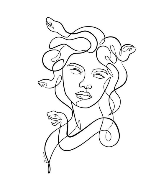 Minimalist line drawing of Medusa with snakes as hair, elegant art illustrating Greek mythology, black on white.