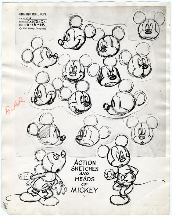 Vintage action sketches and head illustrations of Mickey Mouse by Walt Disney Character Model Dept. Dated 10-18-38.