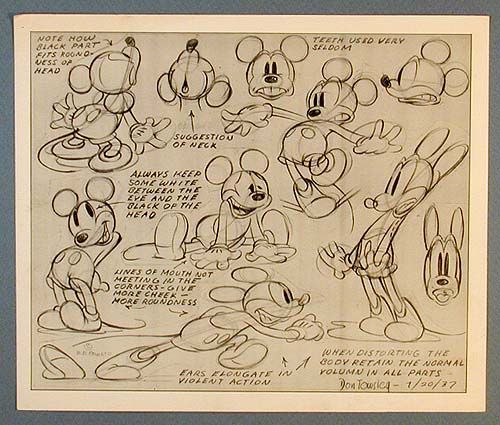 Sketches and notes on the anatomy and expression of an iconic cartoon mouse character. Drawn by Don Towsley, 1937.