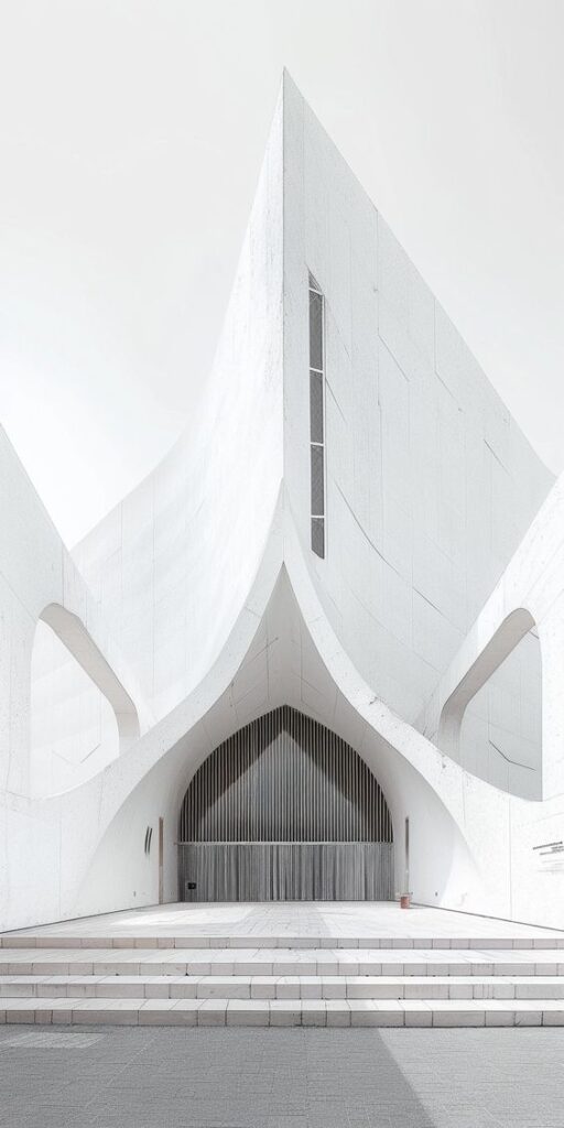 Modern architectural building with sharp, white angular design and steps leading to a grand arched entrance.