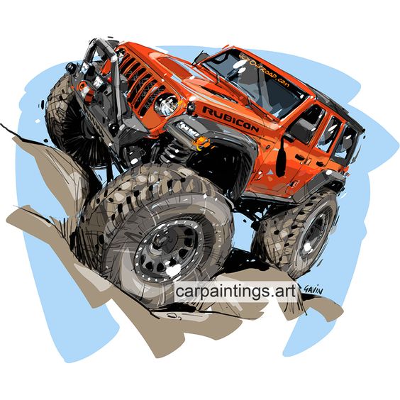 Off-road Jeep Rubicon illustration, showcasing rugged terrain and adventure. Artwork by carpaintings.art.