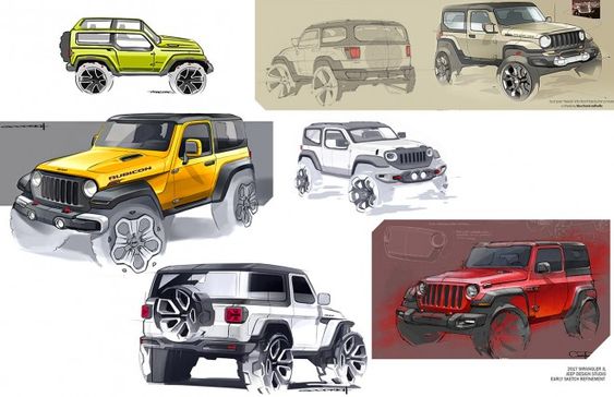 Concept sketches of off-road SUVs in various colors and designs, highlighting different angles and styles.