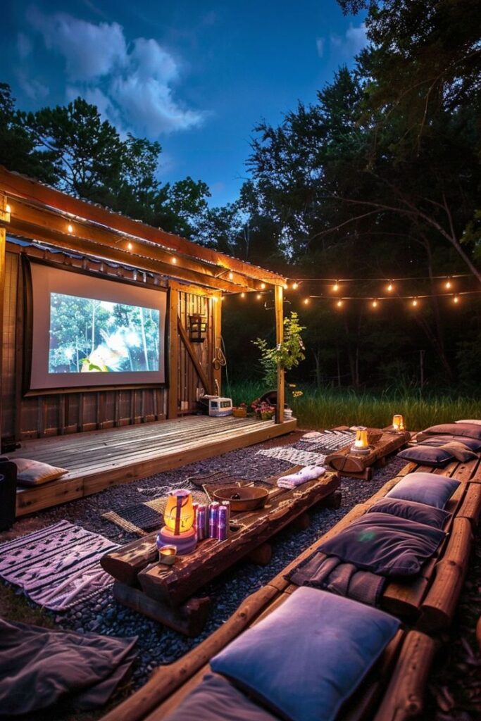 Outdoor movie night setup with a projector screen, fairy lights, cozy seating, and candles under a twilight sky. Relaxing atmosphere.