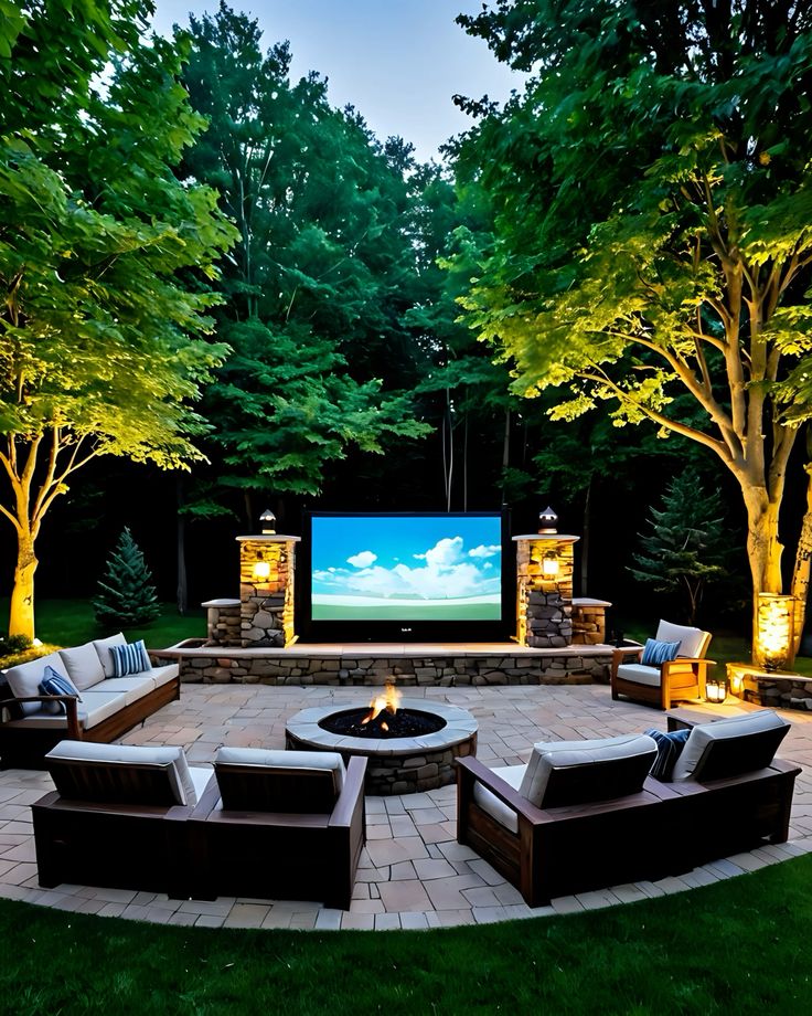 Modern outdoor patio with cozy seating, a fire pit, and a large TV screen set in a lush, tree-filled garden at dusk.