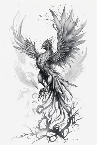 Monochrome drawing of a majestic phoenix rising from flames, symbolizing rebirth and renewal, with intricate feather details.