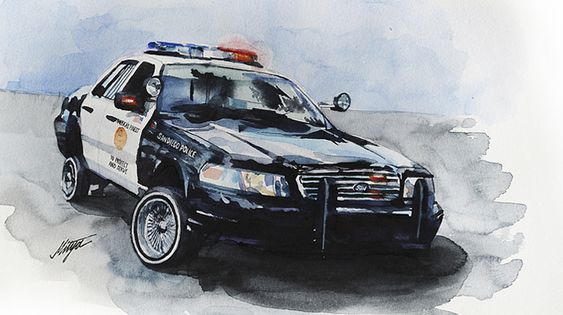 Watercolor painting of a classic black and white police car with lights on, against a light blue background.