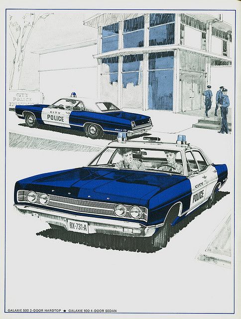 Vintage drawing of two blue and white 1960s City Police cars outside a station with officers nearby.