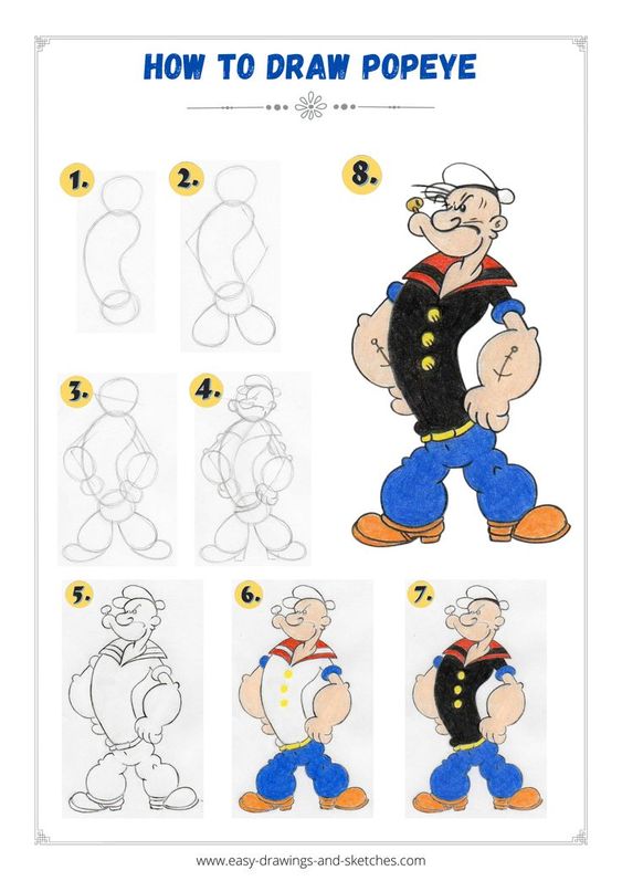 Guide to drawing Popeye in 8 steps, from basic shapes to a fully colored cartoon character. Perfect for beginners and artists.