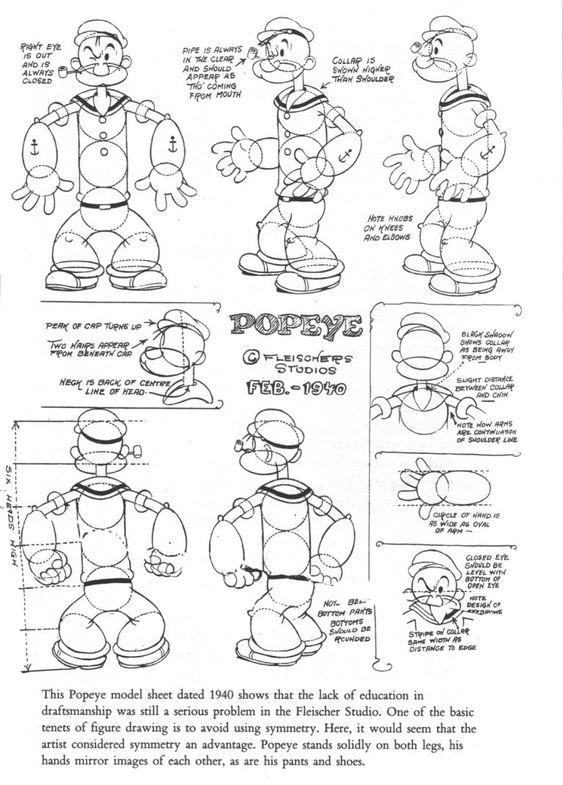 Vintage Popeye character model sheet from Fleischer Studios, February 1940, featuring detailed design notes and sketches.