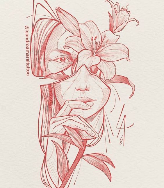 Artistic sketch of a woman's face intertwined with blooming lilies, showcasing intricate lines and delicate features.