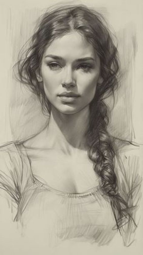 Pencil sketch of a woman with a braided hairstyle, wearing a simple top, with a serene expression. Black and white art.