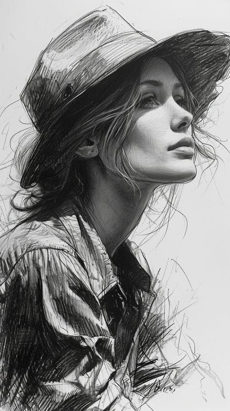 Black and white sketch of a woman wearing a wide-brim hat, gazing upward with soft lighting highlighting her delicate features.