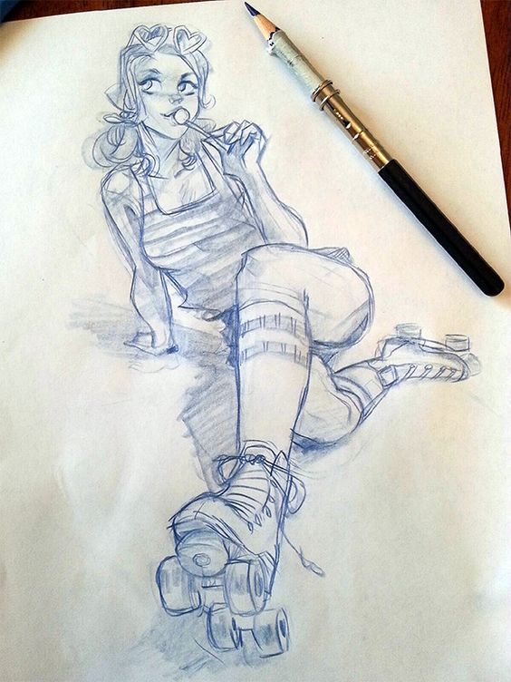 Pencil sketch of a girl with heart-shaped glasses and roller skates, lying down with a playful expression, pencil beside.