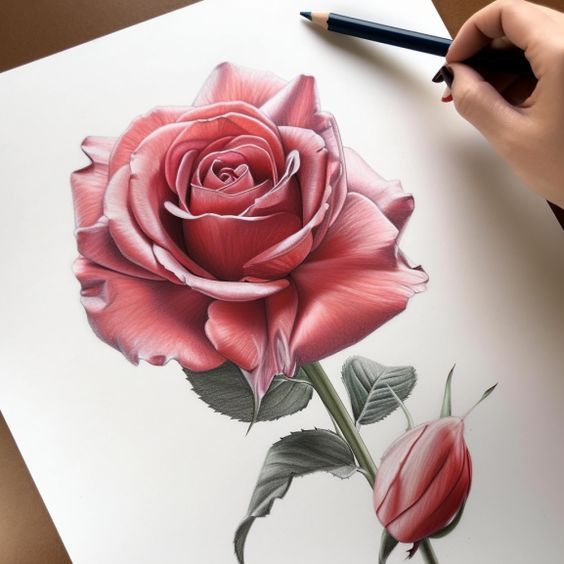 Hand sketching a detailed, lifelike pink rose with a pencil on white paper, showcasing artistic talent and precision.