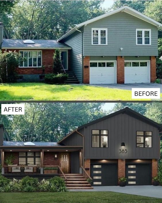 Split-level house renovation before and after, showing transformed exterior with modern dark siding and enhanced curb appeal.