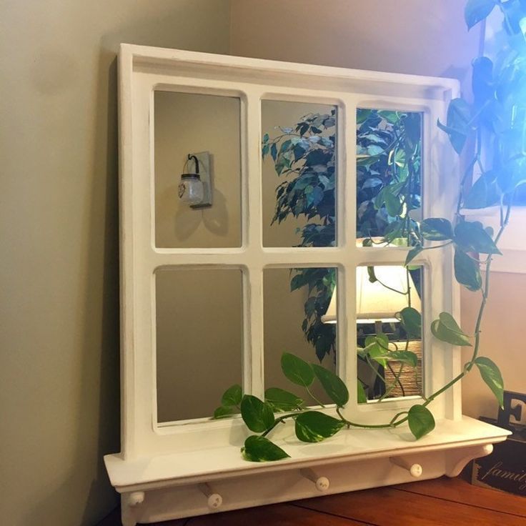 Decorative white window frame mirror with green vine plant indoors, adding a cozy touch to home décor.