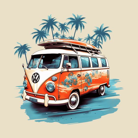 Vintage orange and white Volkswagen van with floral designs, parked near palm trees, evoking a beach and surf vibe.